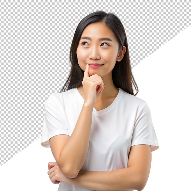 PSD asian women in casual cloth and thinking about question on transparent background