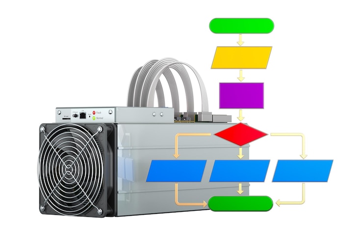 PSD asic-mijnwerker met een 3d-weergavealgoritme geïsoleerd op een transparante achtergrond