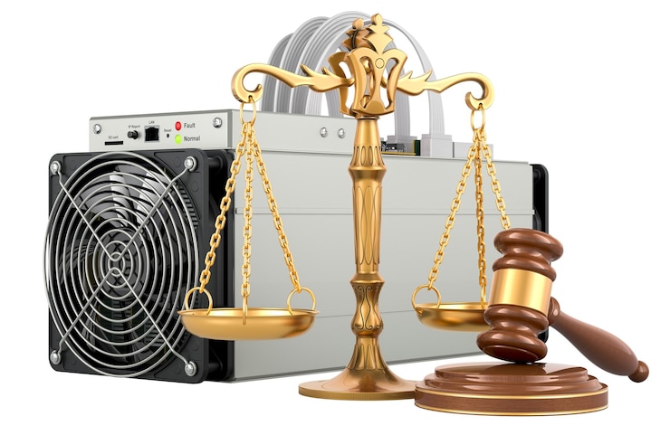 PSD asic miner with wooden gavel and scales of justice 3d rendering isolated on transparent background