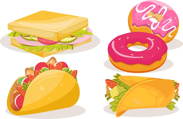 Asortyment pysznych fast foodów kanapki tacos i pączki