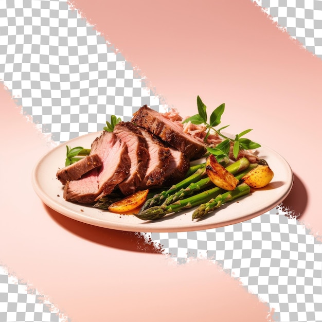 Asparagus and roast meat on transparent background plate