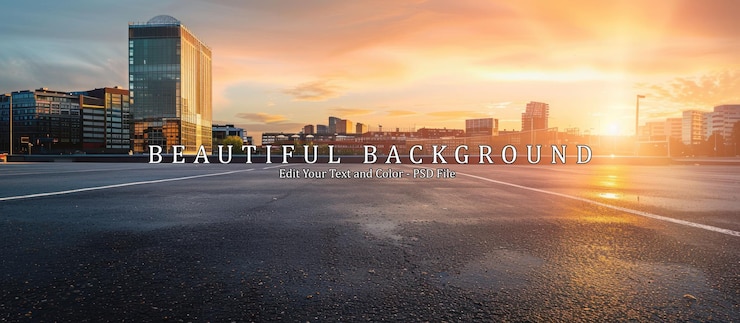 PSD asphalt road and glass wall with city skyline