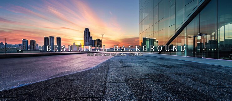 PSD asphalt road and glass wall with city skyline