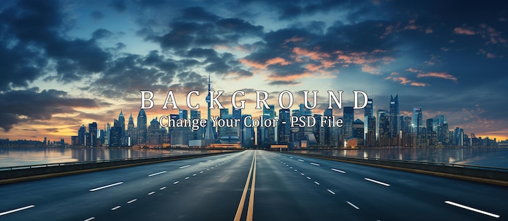 PSD asphalt road and modern city skyline