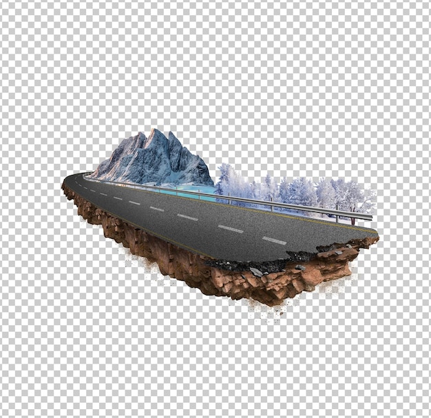 PSD png 또는 psd로 고립 된 산과 함께 투명한 배경 눈 도로에 아스팔트 도로