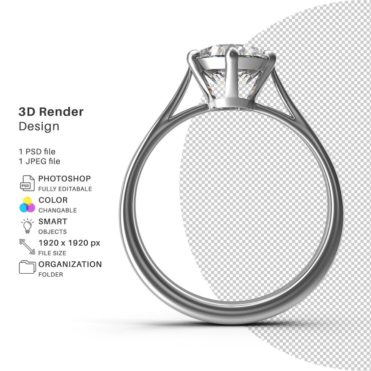PSD asscher cut diamond silver ring 3d modeling psd file realistic ring