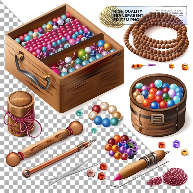 PSD assorted bead set with storage box on transparent background