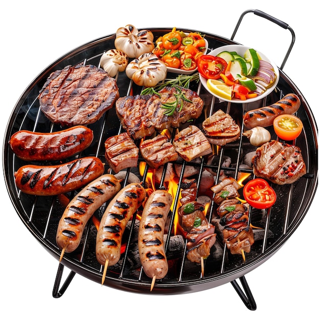 PSD assorted delicious grilled meat and bratwurst with vegetables over the coals on a barbecue