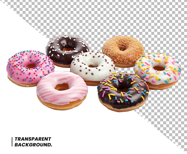 PSD assorted donuts with chocolate frosted pink glazed and sprinkles donuts