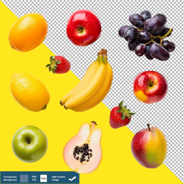 Assorted fresh fruits on white background transparent png psd