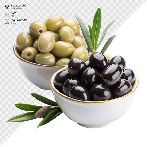 Assorted fresh olives in bowls with olive leaves