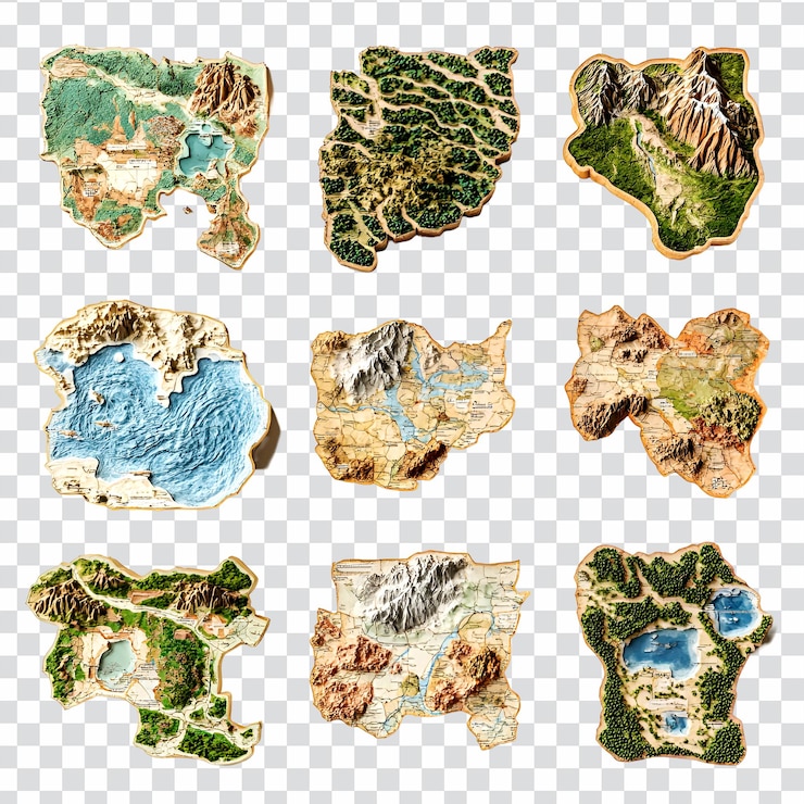 PSD 不同的地理地圖,以不同風景為特色,為明確度而隔離