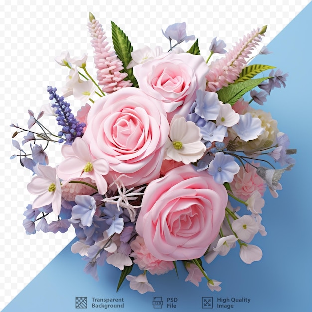 PSD ピンクのバラ、小さな白い花、青い花などの豪華な花の盛り合わせ
