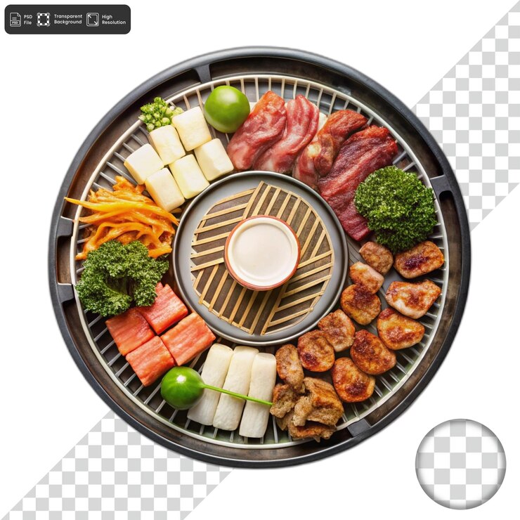 PSD 圓形盤子上各式各樣的烤肉,加上汁