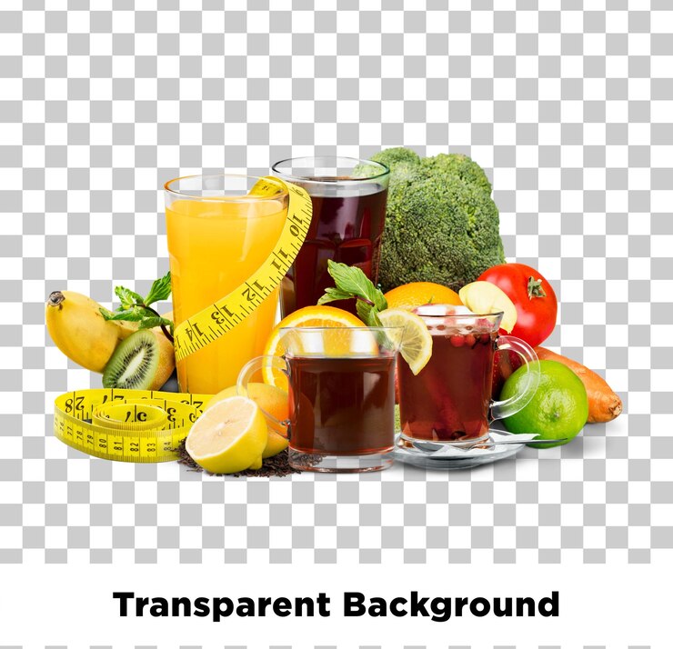 PSD различные здоровые продукты питания и напитки с мерной лентой на прозрачном фоне