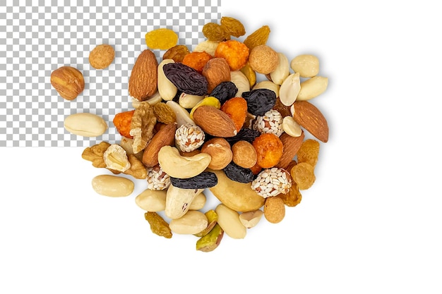 PSD assorted nuts and raisins isolated on white background