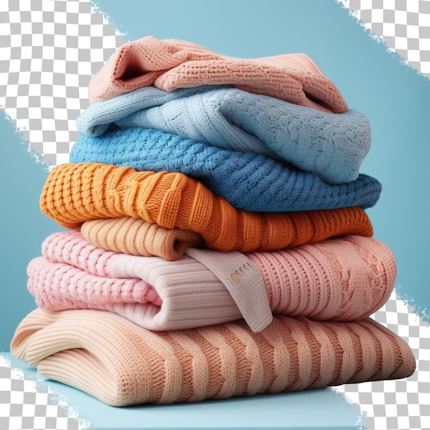 PSD assorted sweaters stacked and isolated on a transparent background