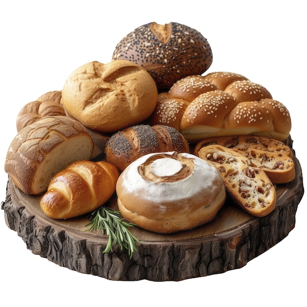 Assortment baked bread on wooden table isolated on transparent background