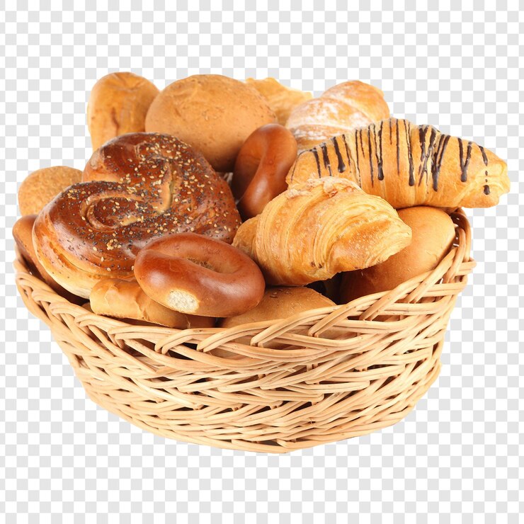 PSD assortment of baked goods in a wicker basket