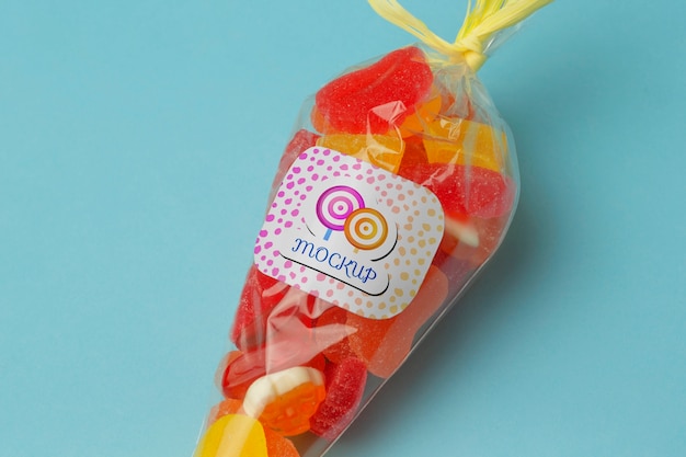 assortment of candy in tied plastic bag