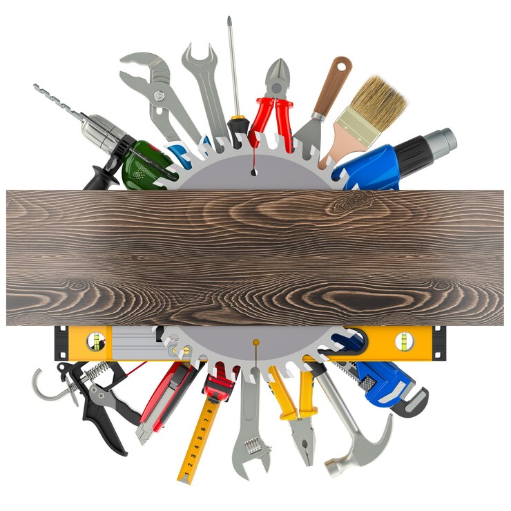 PSD assortment of construction tools with wooden plank 3d rendering isolated on transparent background