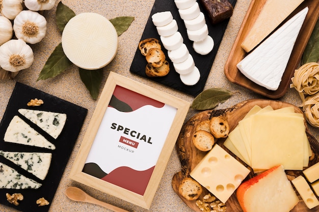 PSD assortment of delicious foods with frame mock-up