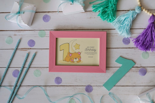 PSD assortment of first birthday elements mock-up for newborns