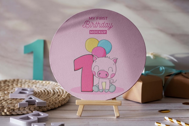 PSD assortment of first birthday elements mock-up for newborns