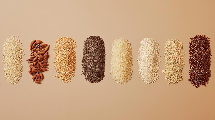 PSD assortment of grains and rice varieties in a row on a beige background