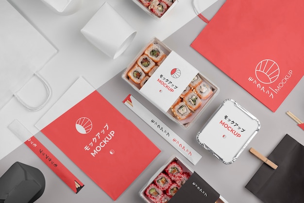 PSD assortment of japanese fast food with mock-up packaging