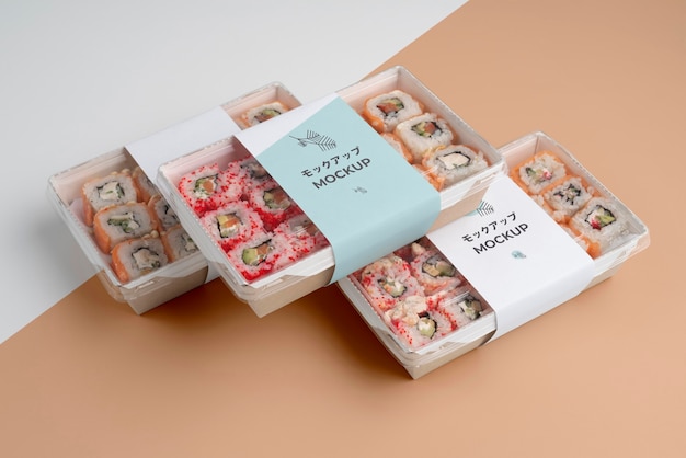 Assortment of japanese fast food with mock-up packaging
