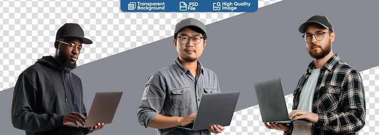 PSD assortment of male computer programmers with halfbody portraits and laptops