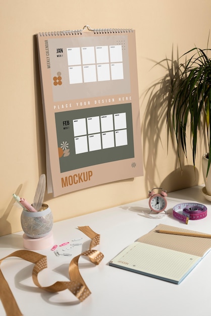 PSD assortment of mock-up wall calendar indoors