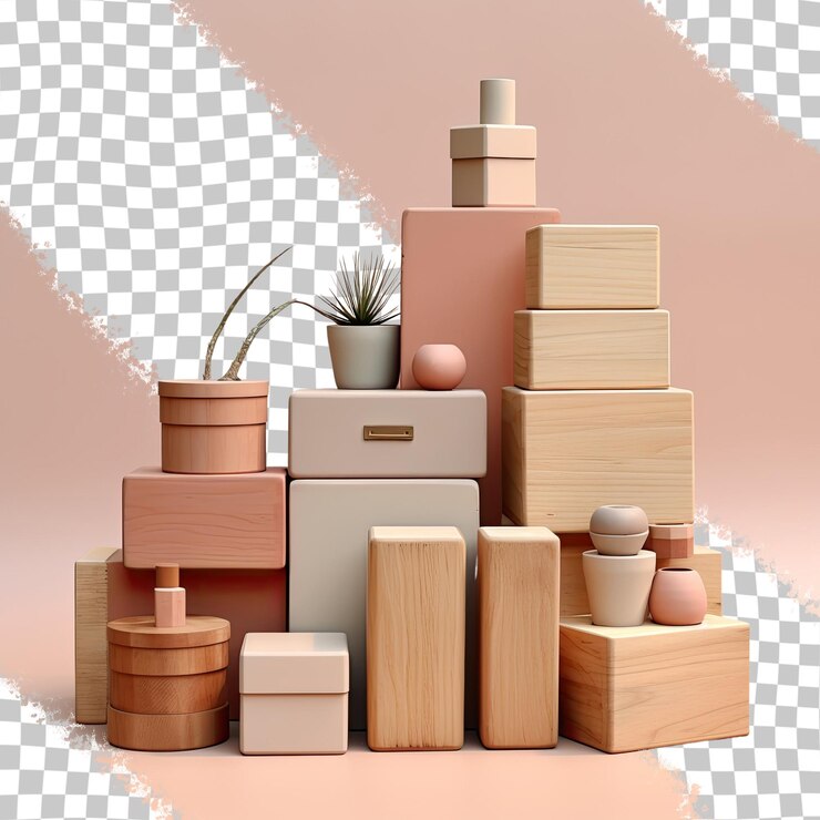 PSD assortment of ornamental timber boxes transparent background
