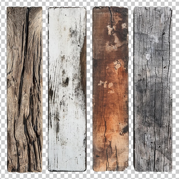 PSD assortment of rustic wood planks with varying textures on transparent background