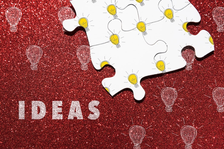 PSD assortment with puzzle pieces on red background