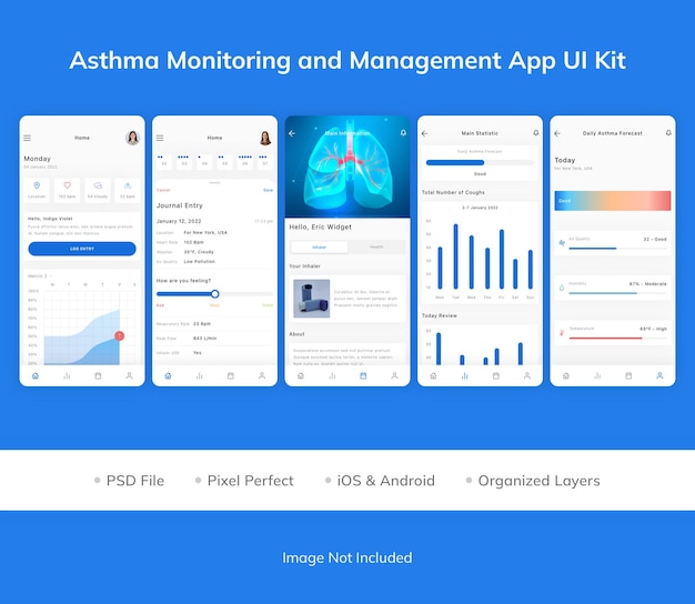 PSD kit dell'interfaccia utente dell'app per il monitoraggio e la gestione dell'asma