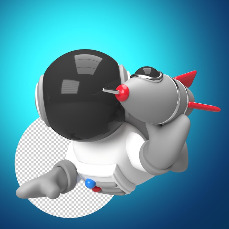PSD astronaut 3d render with rocket toys