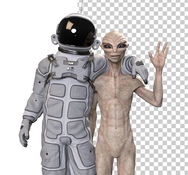 PSD astronaut and alien on transparent background 3d render