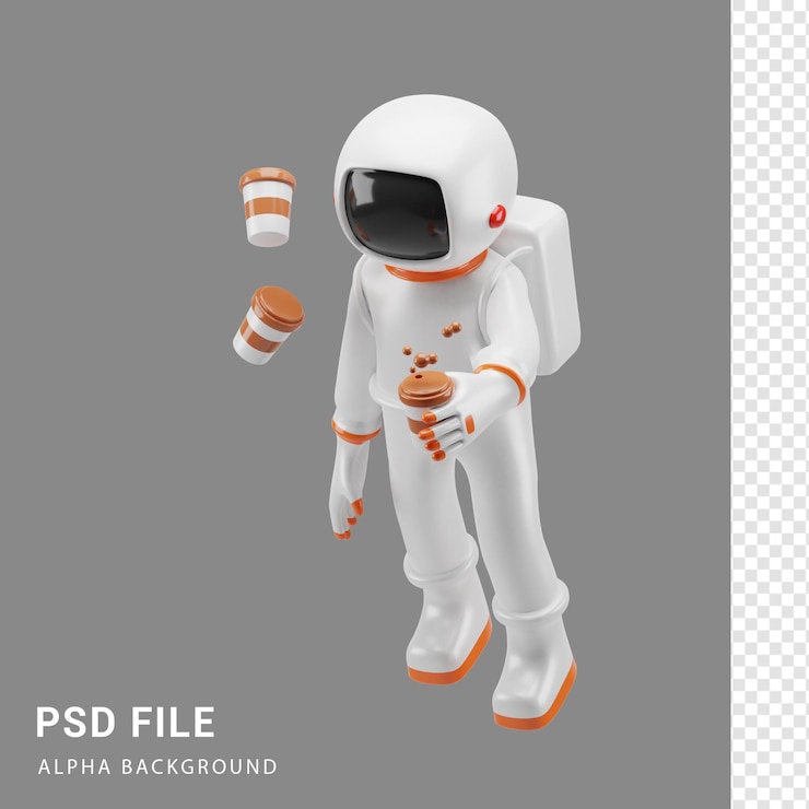 PSD astronaut character holding coffee in 3d rendering