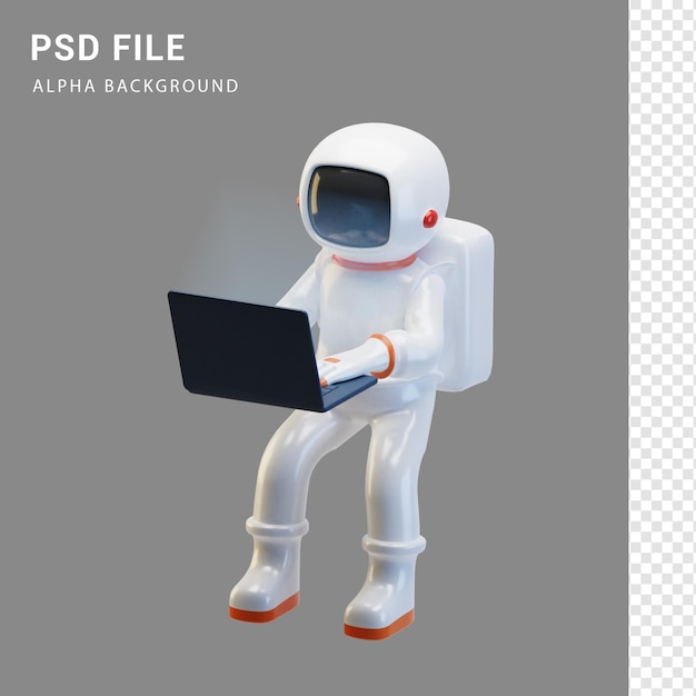 PSD astronaut character holding laptop in 3d rendering