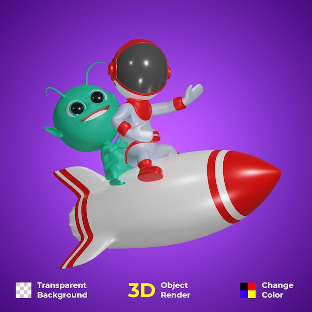 Astronaut en alien 3d karakter ontwerp illustratie aan boord van een ruimteraket premium schattig karakter