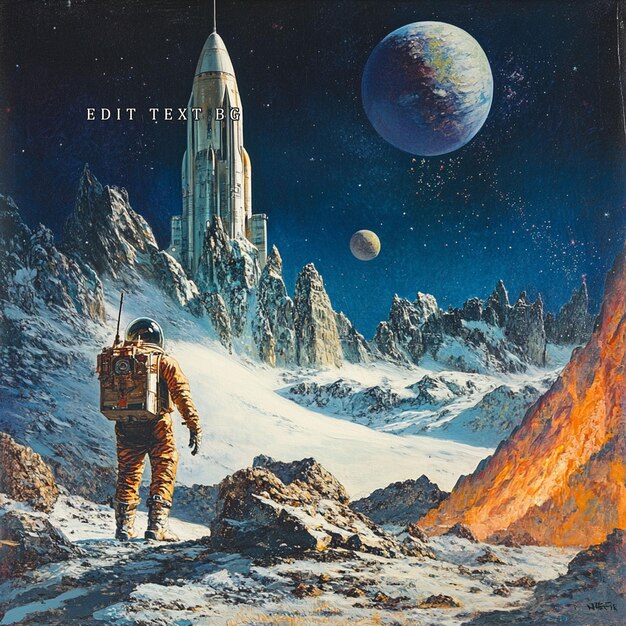 astronaut exploring icy alien planet with futuristic tower and planets in background