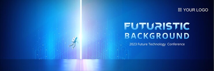 PSD astronaut floating into the future on blue technology background