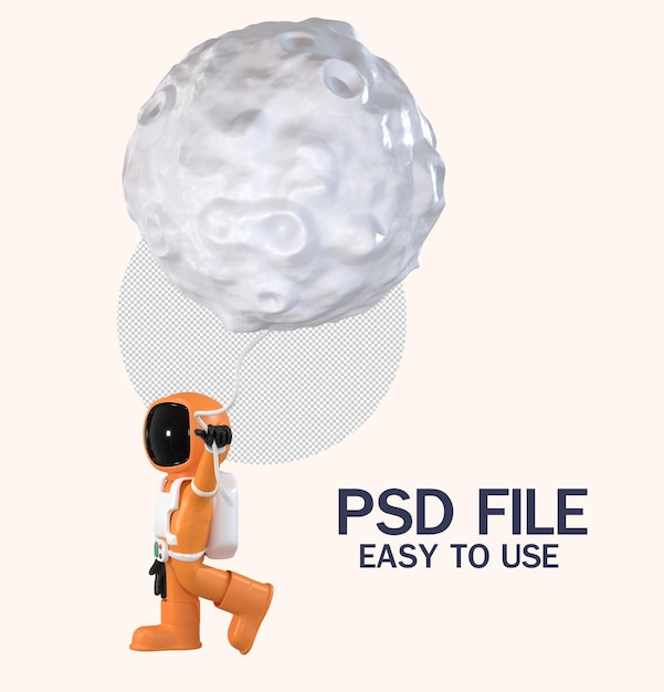 PSD astronaut floating with moon balloons in space cartoon 3d rendering