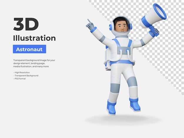 PSD astronaut flying in space and holding megaphone 3d cartoon illustration