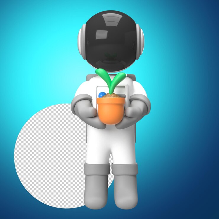 PSD astronaut holding a plant with 3d render style