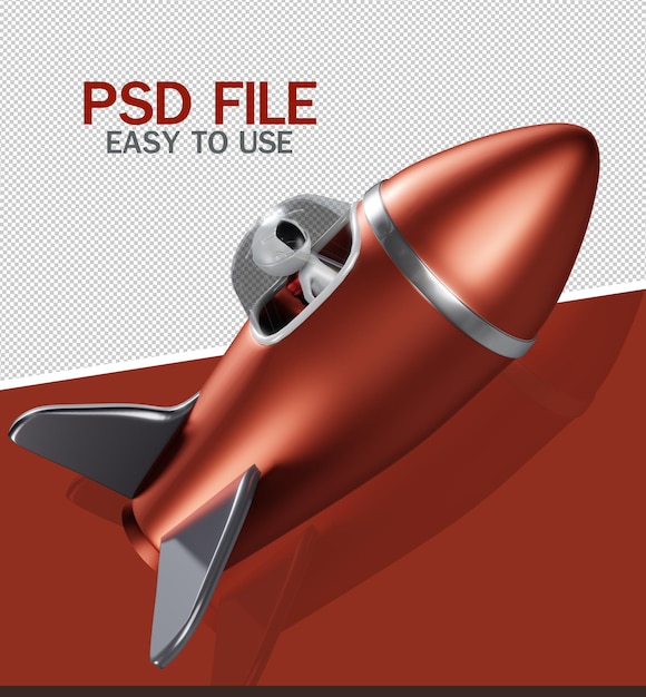 PSD astronauta e razzo realistico rosso isolato su sfondo rendering 3d