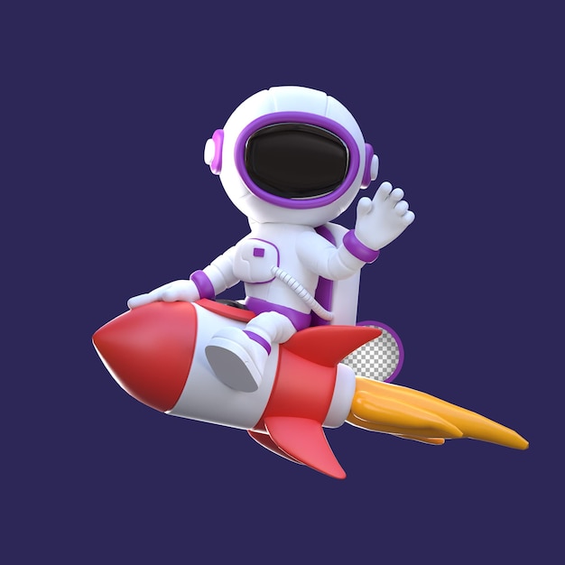 Astronauta in sella a un razzo agitando la mano 3d'illustrazione