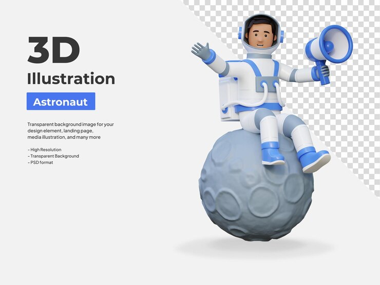 PSD astronaut sitting in moon while holding megaphone 3d cartoon illustration